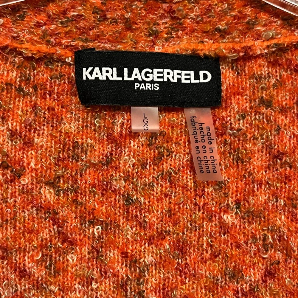 Karl Largerfeld Women's Orange Boucle Button-Up Puff Sleeve Sweater - Picture 5 of 7
